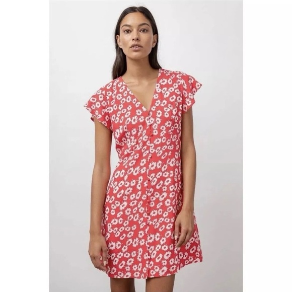 Rails Helena Cardinal Daisies Dress Red White sz: M Flutter Sleeve Button Front - Picture 1 of 7